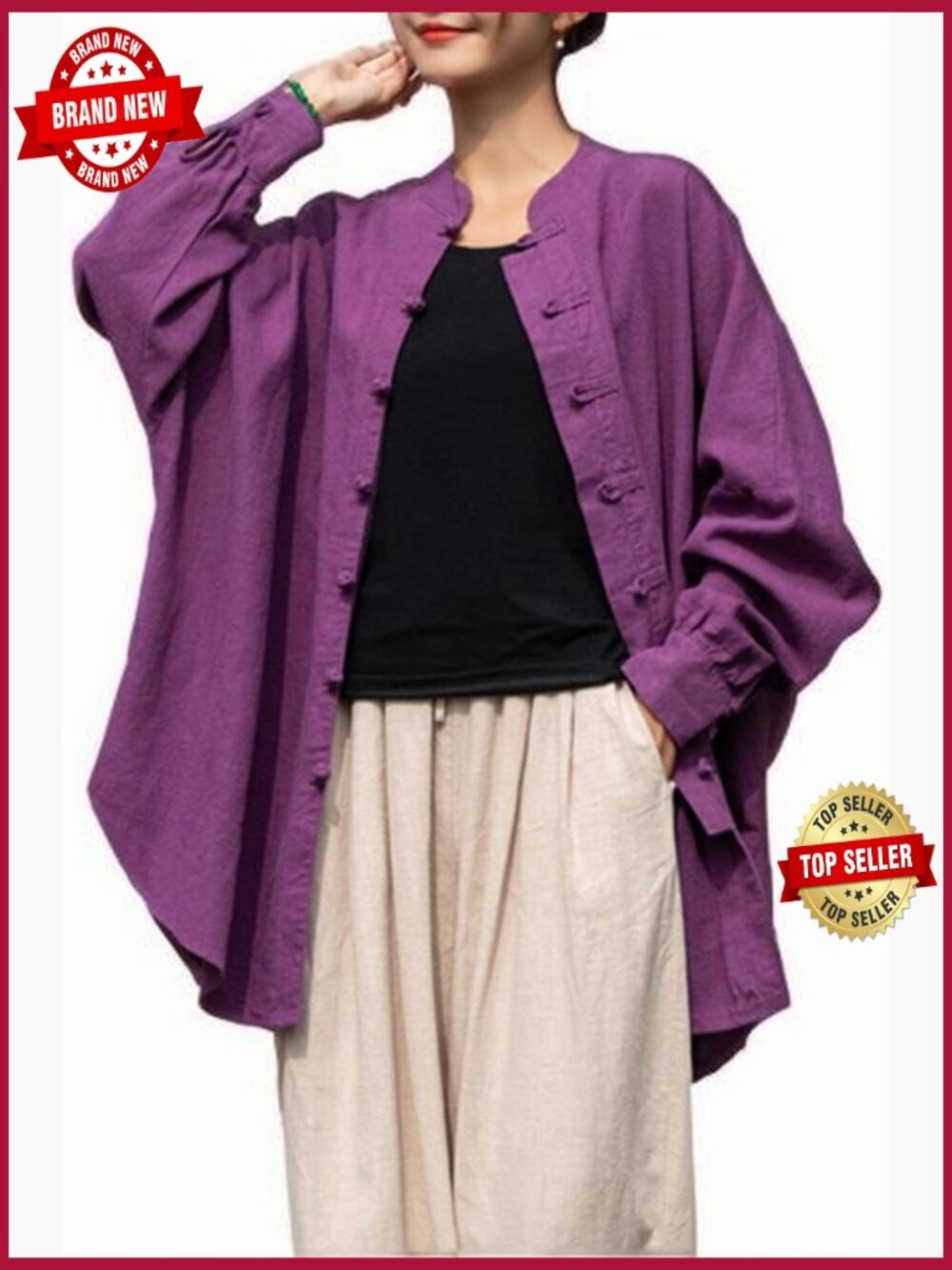 Vintage Oversized Linen Button Down Shirt Jacket Long Sleeve Blouse